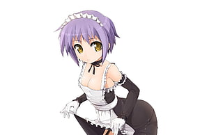 female anime character with purple hair wearing maiden dress